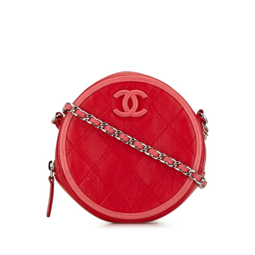 Chanel Matelasse Round Chain Shoulder Bag Lambskin Red